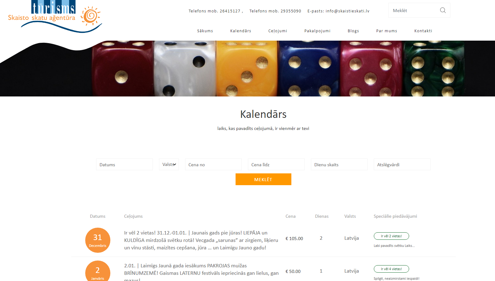 Calendário interativo com filtros de país, intervalos de preços e disponibilidade de passeios.