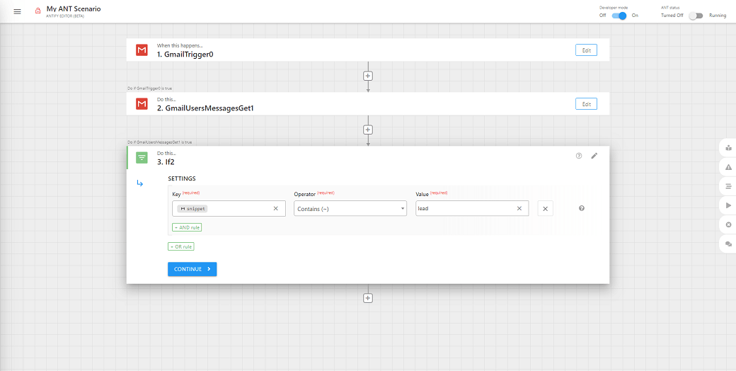 Cenário de automação acionado pelo Gmail no Editor do ANT, filtrando mensagens com a palavra-chave 'load' usando lógica condicional.