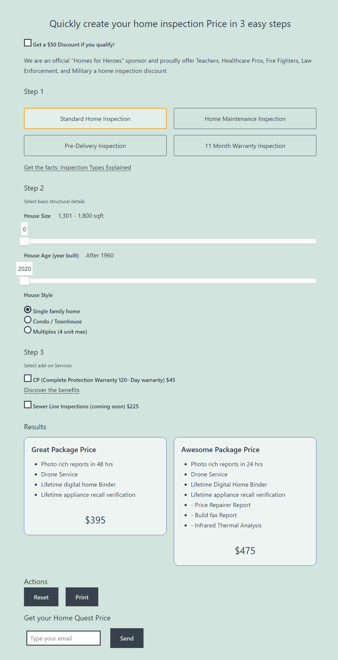 Interface da calculadora de preço de inspeção de casa exibindo preços de pacotes dinâmicos com base nas opções selecionadas.