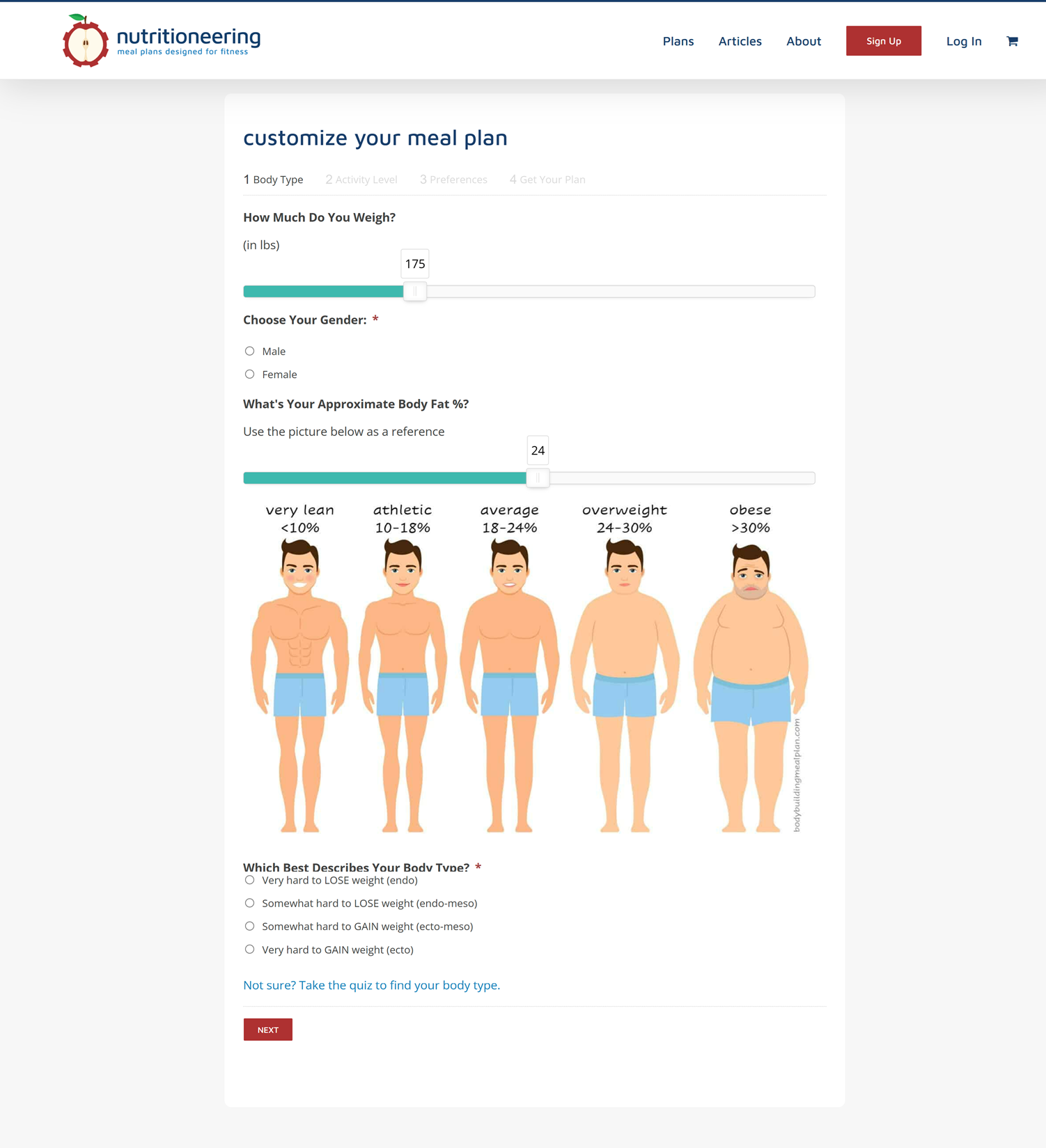UI de calculadora de plano de refeições personalizada desenvolvida pela 2410, com referências visuais de gordura corporal e controles deslizantes responsivos