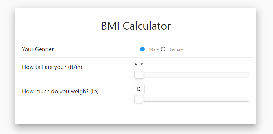 Interface da Calculadora de IMC – apresenta seleção de gênero, controladores de altura e peso, e uma interface limpa potenciada pelo Materialize.