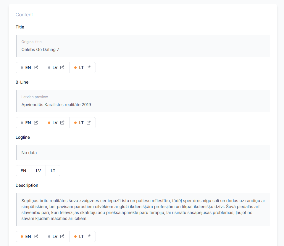 Painel de metadados editável com traduções, tags de género e descrição completa de uma temporada de TV.