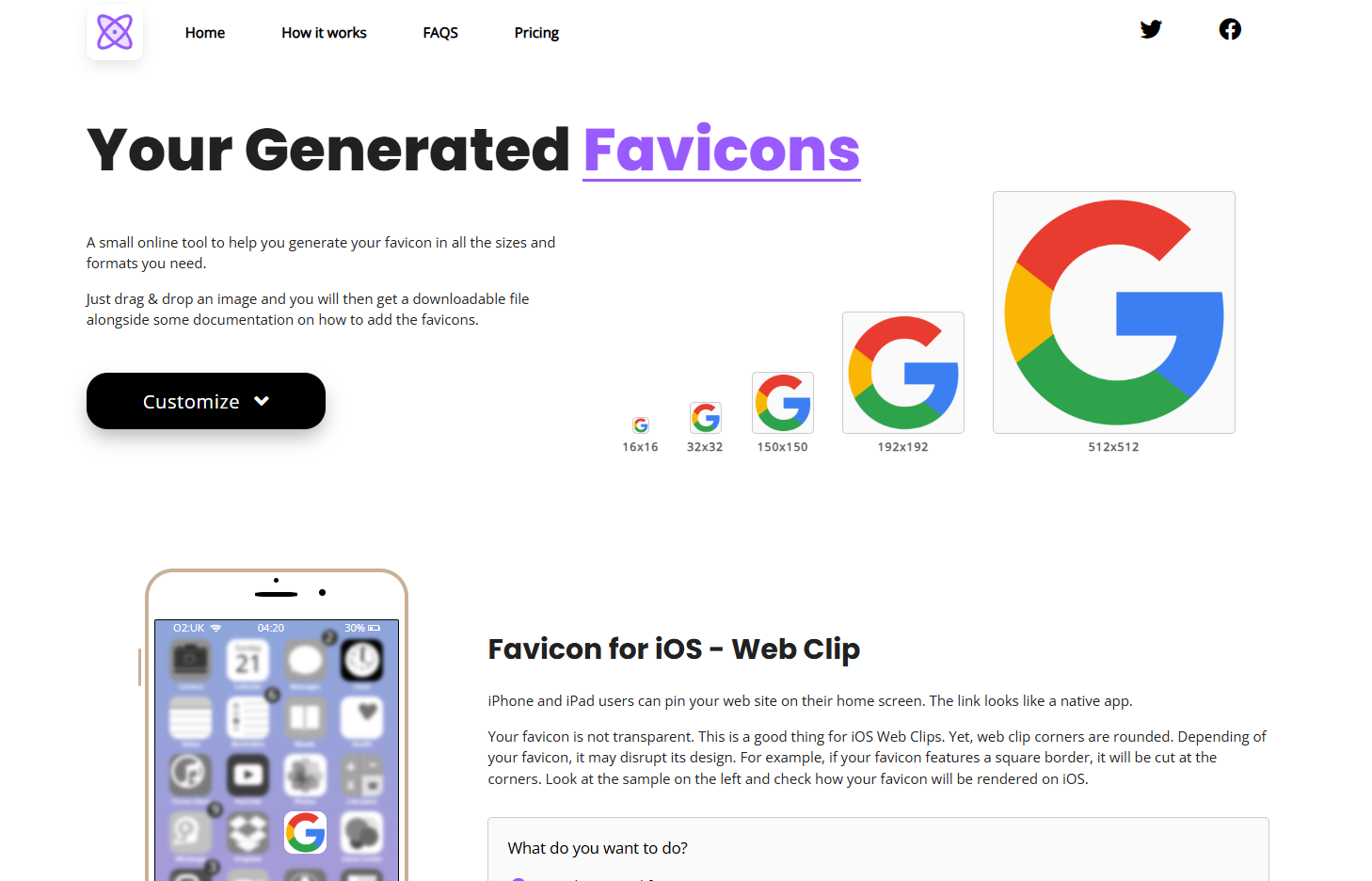 Página de resultados mostrando pré-visualizações de favicon em várias resoluções e uma visualização ao vivo em iOS.