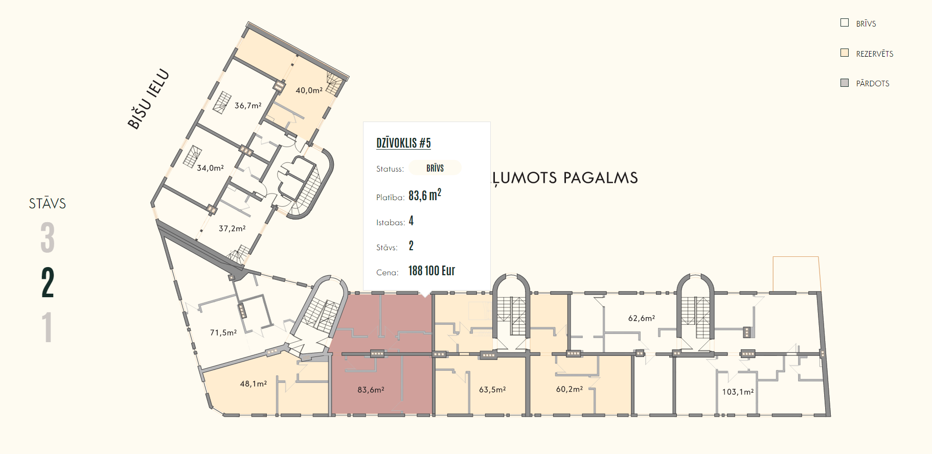 Planta interativa do 2º andar, mostrando a disponibilidade dos apartamentos e parâmetros detalhados ao passar o mouse.