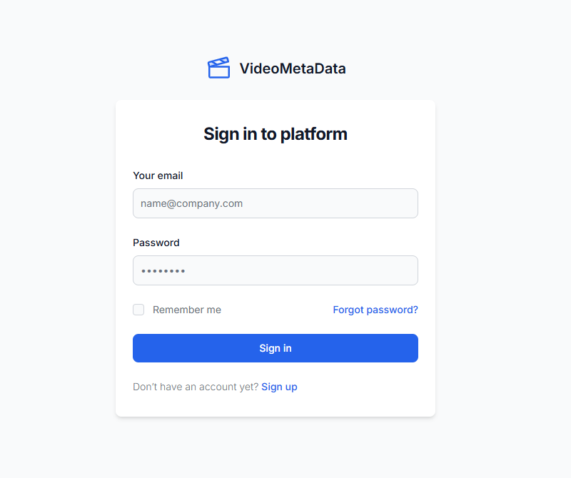 Tela de login para a plataforma VideoMetaData com acesso por email/senha e link de registro do usuário.