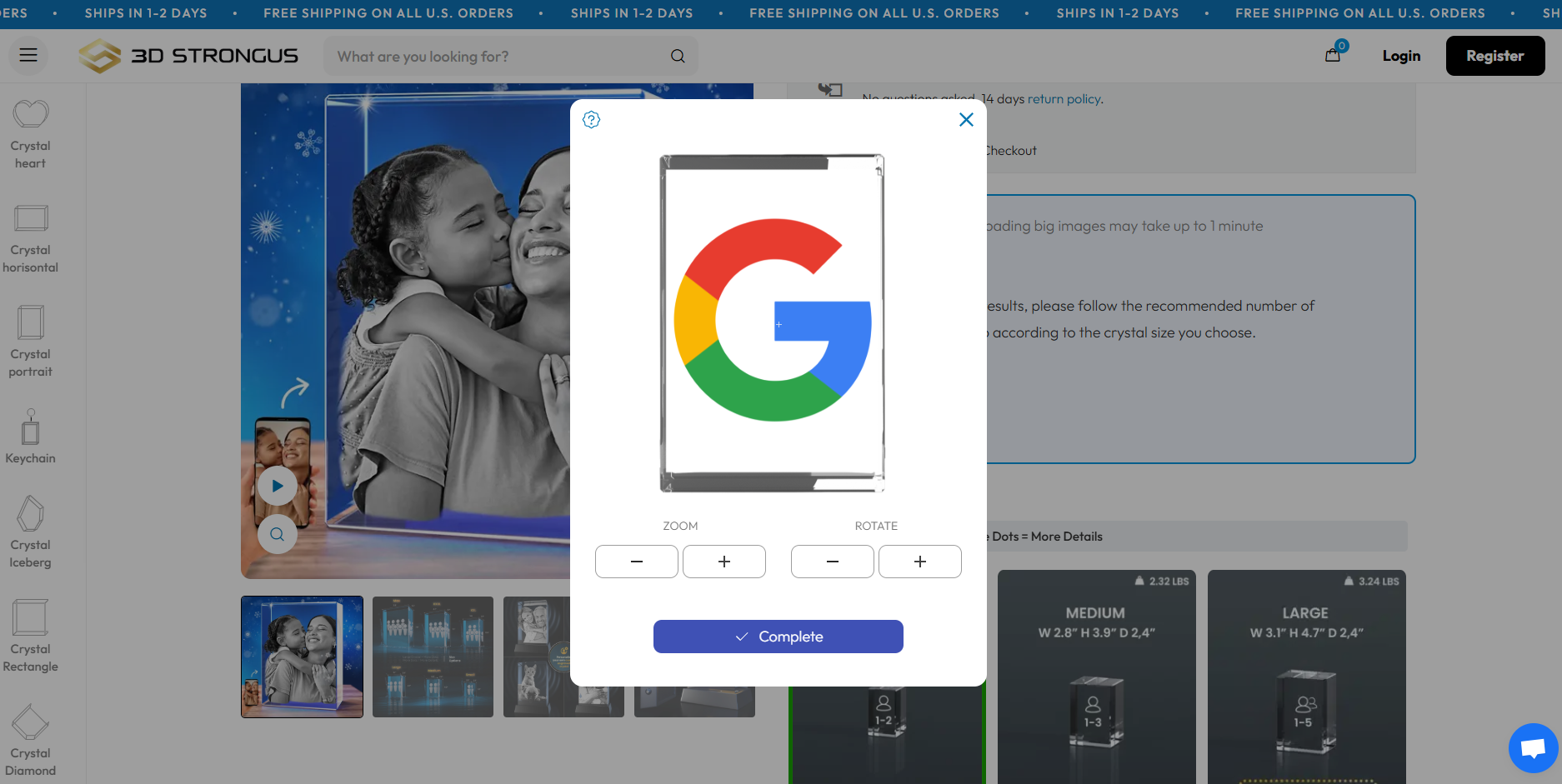 Janela Modal de Recorte de Imagem com Recursos de Zoom e Rotação na Página de Produto do 3dstrongus