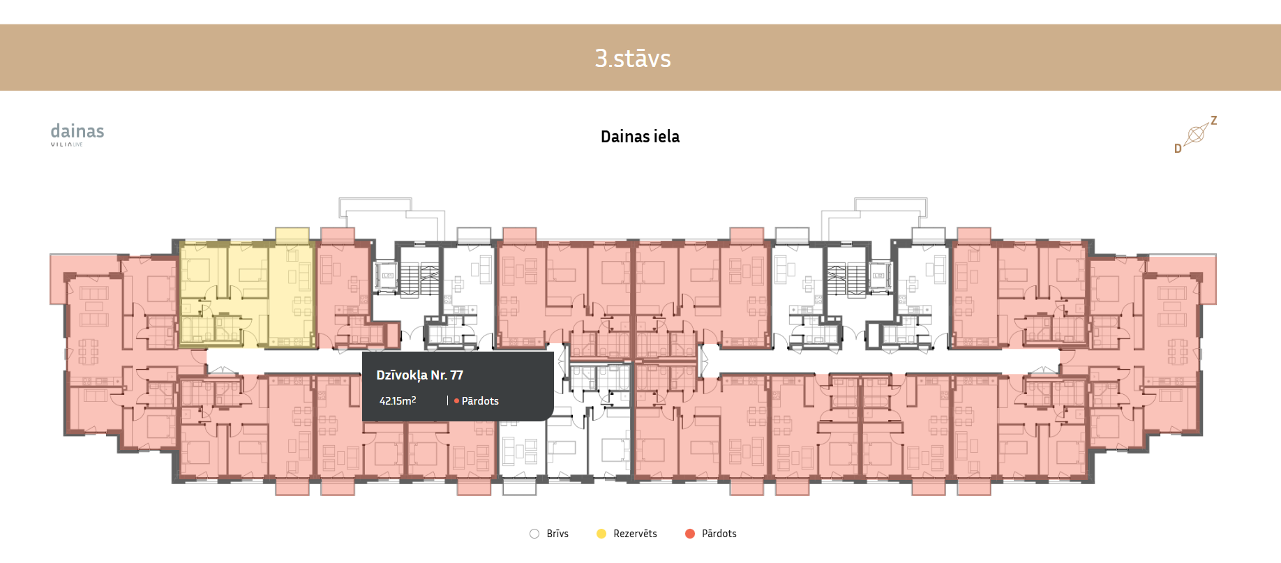 Planta detalhada do andar com destaque em tooltip sobre o status e tamanho do apartamento.